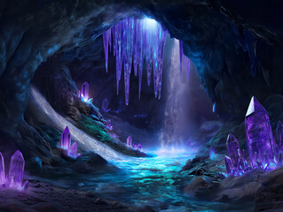 mystical cave with glowing crystals and cascading waterfall