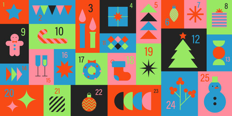 Christmas advent calendar. Hand drawn christmas elements. Winter holidays poster with xmas ornament, winter postcard template. Vector illustration