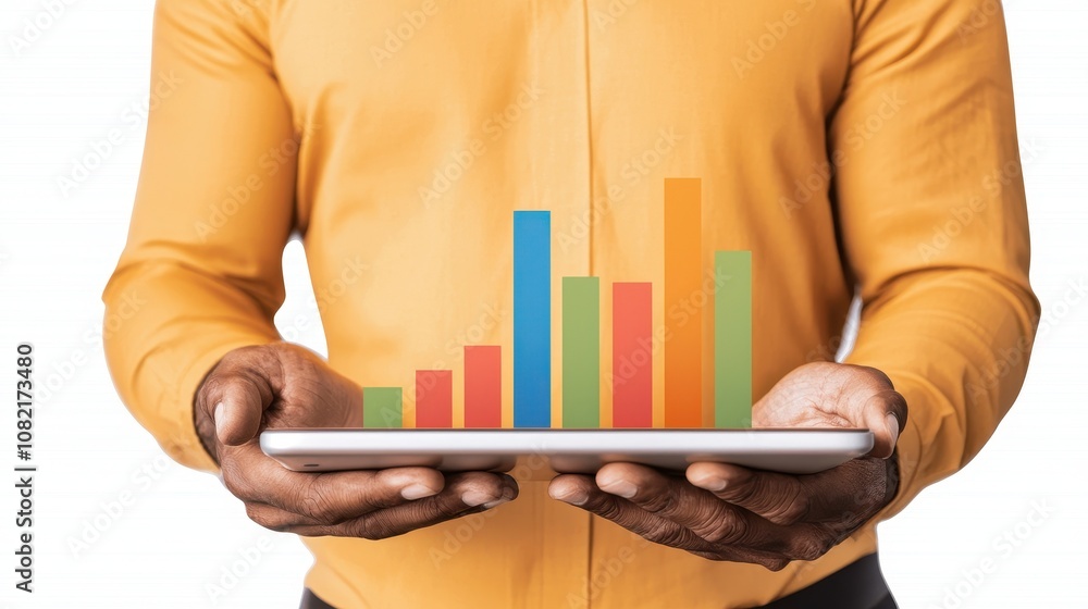 Aufkleber a person in a yellow shirt holds a tablet displaying colorful bar graphs, symbolizing data analysis 