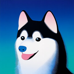 cheerful husky with bright blue background, showcasing its playful nature and friendly expression. This digital illustration captures essence of happy dog