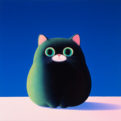 cute, fat black cat with large green eyes sits against vibrant blue background, exuding playful and whimsical charm