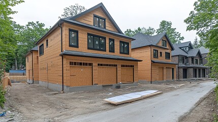 Scenic Construction Site of New Residential Homes with Modern Architecture, Freshly Installed Wooden Exteriors, and Surrounding Greenery