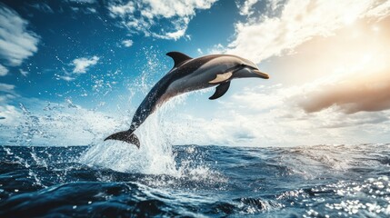 Fototapeta premium Dolphin Leaping from the Ocean with Splashing Water and Blue Sky