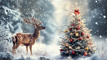 Classic Winter Scene Featuring a Festive Deer