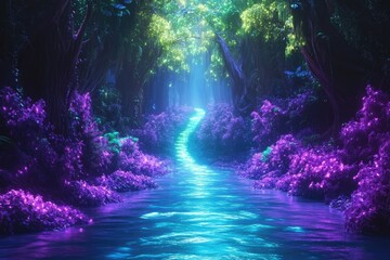 Surreal river flowing with neon water through a dense, glowing forest of vibrant purple and green trees