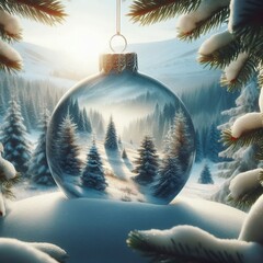 joli paysage enneign&eacute; au soleil dans une boule de noel avec des sapins