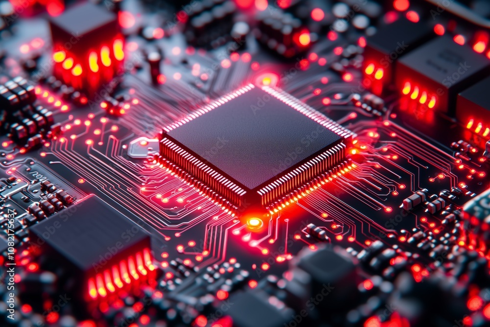 Poster central processing unit glowing red on circuit board