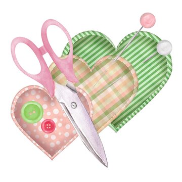 recommend clip art: Textile hearts with scissors, buttons and pins. Polka dot. Plaid. Striped. Pink. Green. Sewing clipart. Hand-drawn watercolor illustration