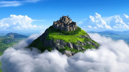 Majestic Castle on Cloud Shrouded Mountain Peak