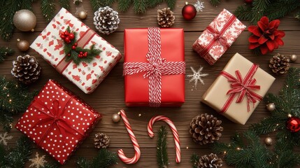 Festive Christmas gifts with red and white wrapping, candy canes, pine cones, and holiday ornaments on a rustic wooden background.