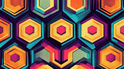 Retro 70s mosaic wallpaper with bold hexagonal patterns and glowing contours
