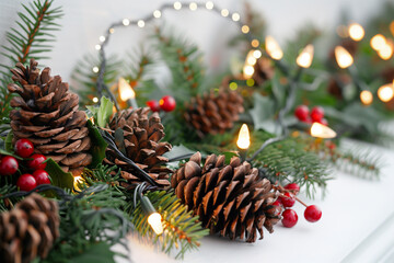 A festive display of pine cones, holly, and twinkling fairy lights, photographed on a white backdrop.