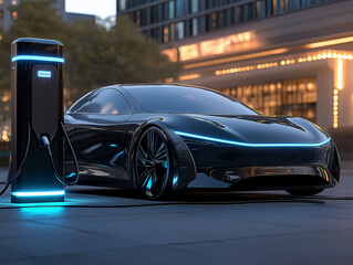 a sleek electric car parked by a charging station at dusk, symbolizing sustainable technology and luxury