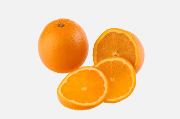 One full Orange with three Slices on white background