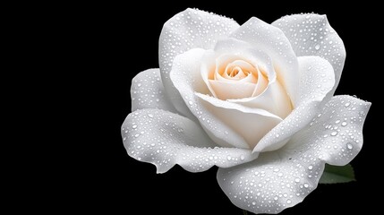 A breathtaking black and white rose adorned with water droplets resting gracefully against a striking black background, capturing nature's elegance