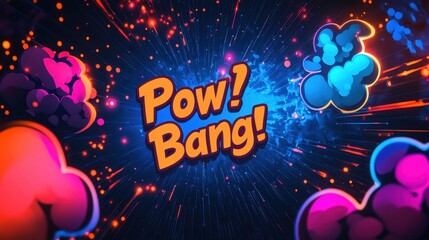 Obraz premium Pow! and Bang! bubbles in neon hues with glowing light on a retro backdrop