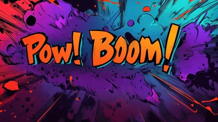 Bold neon dialogue bubbles outlined in black on a glowing gradient texture