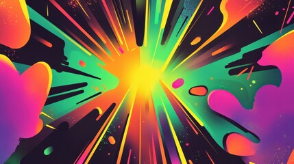 Bold comic explosions in neon hues over a glowing retro-inspired gradient