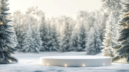 Cylinder podium with serene winter landscape background,Snowy tunnel, highlighting the peaceful beauty and tranquility of nature,winter season,cosmetic,product,sale,space for text.
