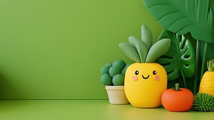 Happy Fruits Vegetables Cartoon Illustration on Green Background