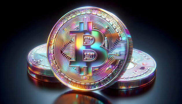 Bitcoin ist ein Schneeballsytem - Power digital erzeugte (sch&ouml;pfen) Krypto W&auml;hrung. Elemente & Formen aus Glasscheiben mit bunten Reflexionen. 3D-Rendering-Kompositionen & Illustration