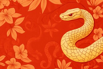 Fototapeta premium Traditional Chinese New Year Poster with Golden Snake and Floral Accents