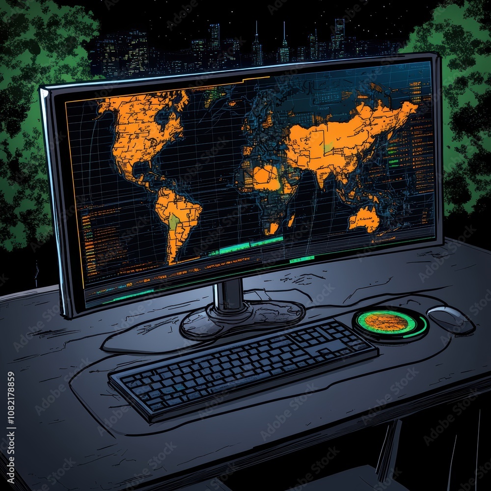 Aufkleber global network map on computer screen at night