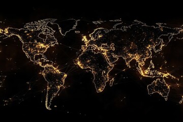 World map illuminated with bright points of light and connecting lines.