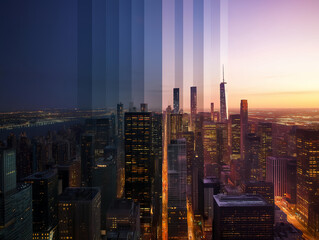 Obraz premium an aerial view of a modern cityscape at sunrise, dusk, daylight, and night in one picture