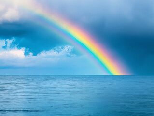 serene ocean scene with a vibrant rainbow arching across a clear sky