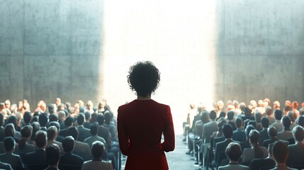 Confident Businessperson Presenting to a Packed Conference Room Audience