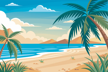 A tranquil beach scene with clear skies, turquoise sea, sandy shore, and palm trees creating a serene and relaxing atmosphere.