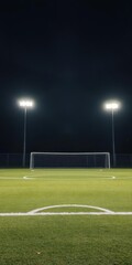 Soccer or football field illuminated by floodlights at night with empty copy space, football