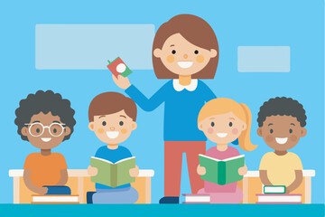 Indoor classroom: teacher with apple book, students reading and listening attentively. Bright, clean setting with colorful benches.