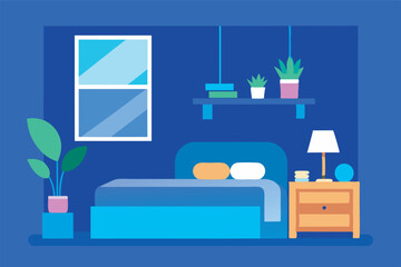 A tranquil bedroom in purple hues, accented with blue lighting. A large bed at the center, potted plants, books, and a serene ambiance with natural light from a window.