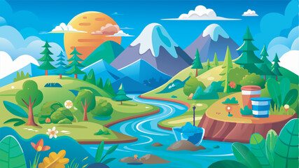 A serene digital illustration of a river flowing through a picturesque landscape with grassy hills, pine trees, mountains, and a clear sky, conveying natural beauty and tranquility.