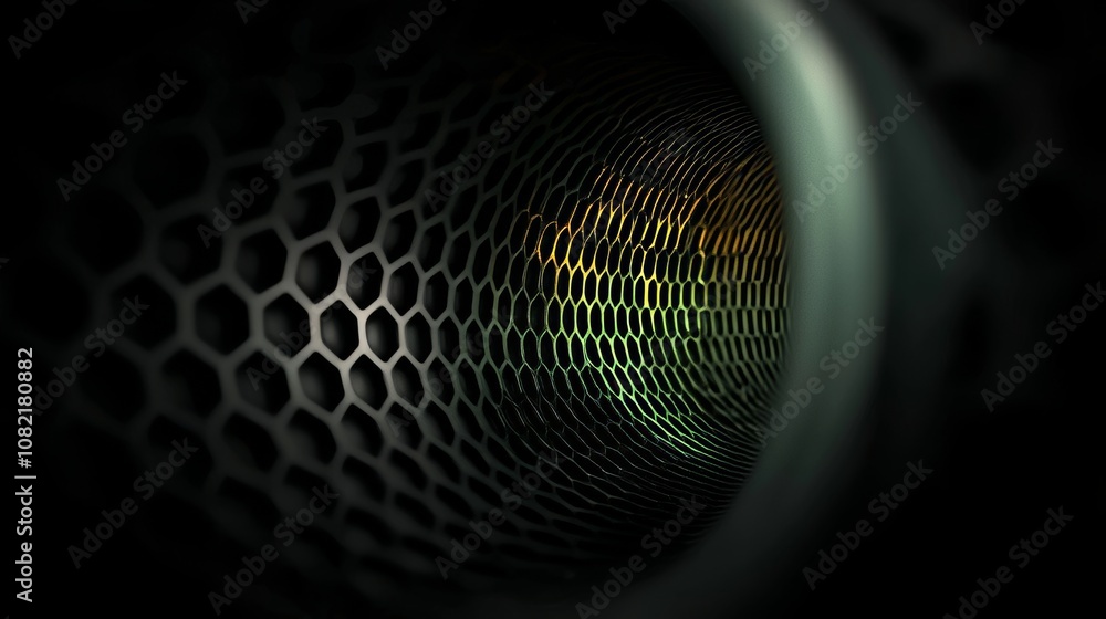 Poster an abstract technology tunnel made of hexagonal mesh is shown on a black background. three-dimension