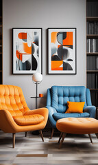 Modern Living Room Interior Design with Orange and Blue Armchairs