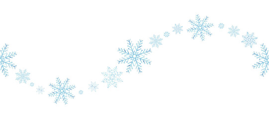 Blue snowflakes seamless border. Hand drawn watercolor illustration. Ice stars background for Christmas or New Year. Winter holiday snowing endless backdrop. Template for wallpaper, wrapping, fabric.