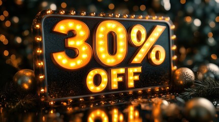 Bright and bold 30% OFF sale sign with vintage bulbs, surrounded by festive bokeh and holiday ornaments.