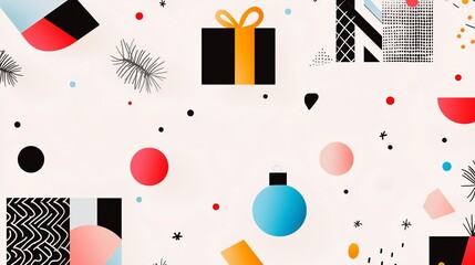 A simple, abstract Christmas design with a gift, an ornament, and geometric shapes