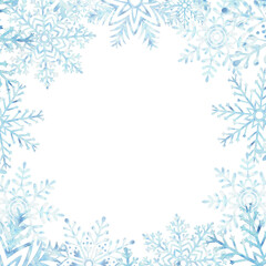 Snowflakes square frame. Template postcard with copy space. Ice stars for Christmas or New Year design. Hand drawn watercolor illustration isolated. Winter clipart for textile, wrapping, sale, cover.