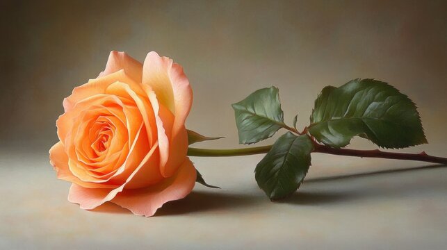 A single peach rose with green leaves, lying horizontally on a pale background. - Powered by Adobe