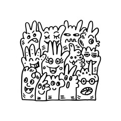 Cartoon doodle of a group of cute, playful monsters illustration.