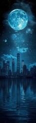 Fototapeta premium Nighttime scene of a city with a full moon and a large blue moon