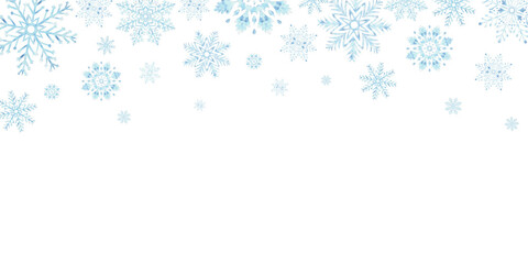 Blue snowflakes. Template postcard with copy space. Ice stars for Christmas or New Year's design. Hand drawn watercolor illustration isolated. Winter holiday frame for card, website, wrapping, sale.