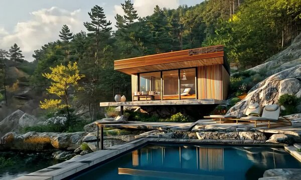 Futuristic Zen house on a mountain ledge, with modular wooden panels and energy-efficient design, featuring a serene view of a calm pond and surrounding forest