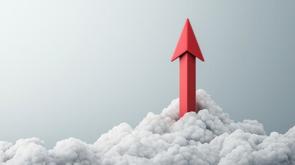 Fototapeta premium Upward growth symbol bright red arrow rising above clouds in a dreamlike environment