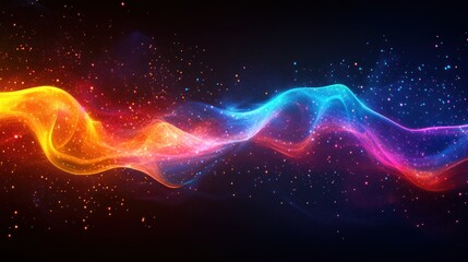 Abstract colorful wavy flow with particles on black background.