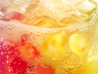 tropical cocktail with colorful layers and ice cubes in a glass